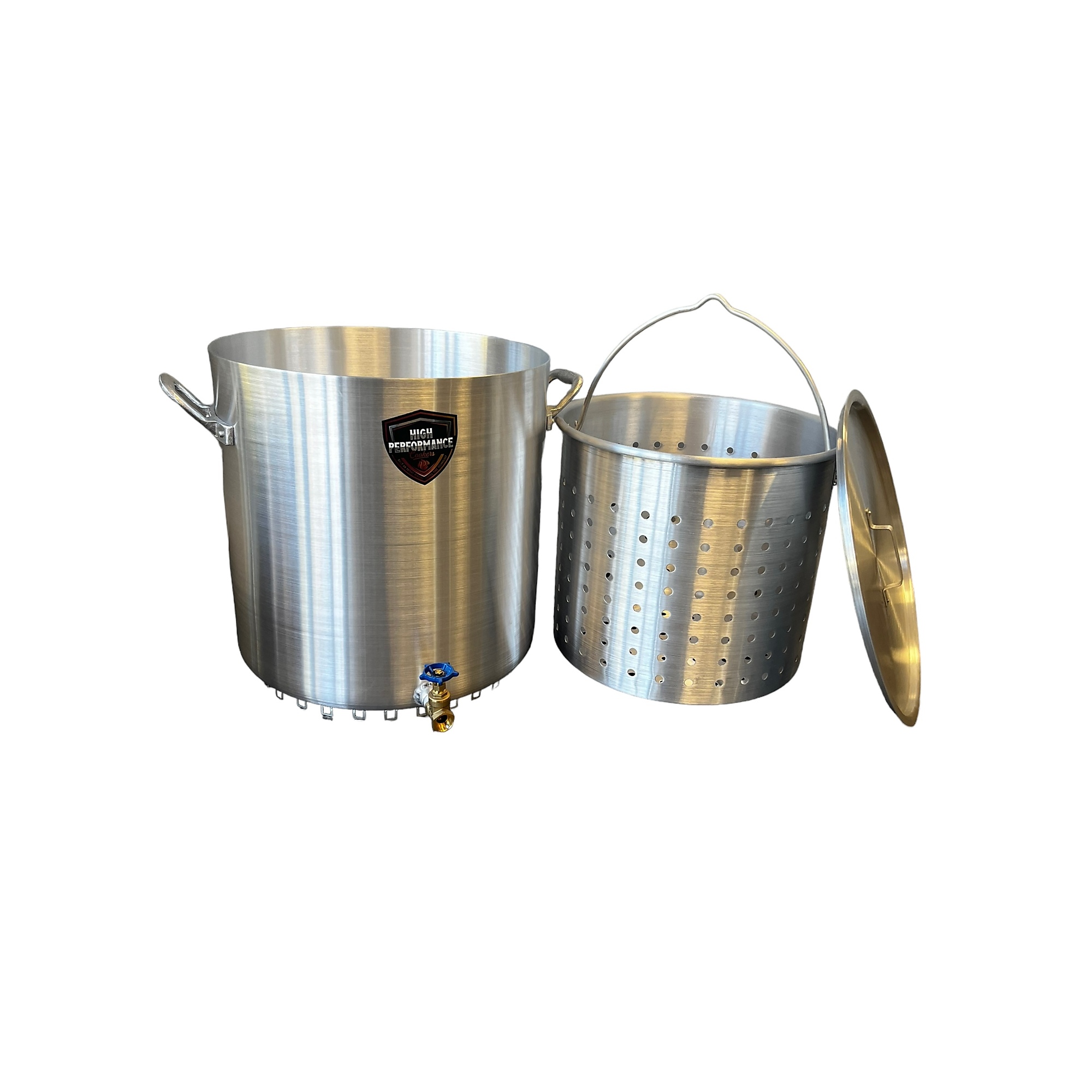 High Performance Cookers, 100 QT Seafood/Stock Pot with Basket and Lid, Pieces (qty.) 1 Bottom Diameter 20 in, Material Aluminum, Model# SFP100-VLV075